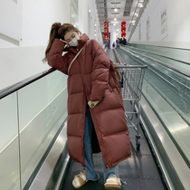 Burgundy long down jacket for women in winter new retro high-end loose warm thickened stand-up collar bread jacket trendy