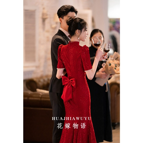 Вечернее платье, ципао, бордовое свадебное платье для невесты, китайский стиль, крой «рыбий хвост»