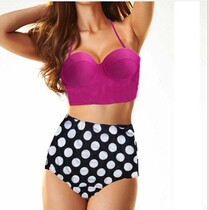 Special European and American style retro rose red wave point high waist steel support gathered Triangle Bikini Hot Spring Holiday womens swimsuit