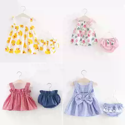 Summer new 0-2 year old baby girl suspender set thin floral top bread pants fashion two-piece set