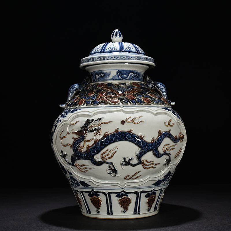 Yuanqing flower glazed in red paste plastic floral dragon vein double ear lid jar