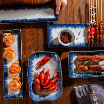 Three-point ceramic Japanese creative barbecue plate Underglaze color sushi plate Rectangular skewer barbecue plate Restaurant cooking tableware