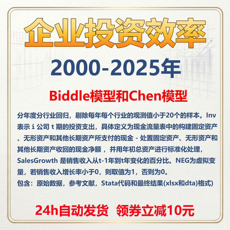 2000-2025 Biddle Model and Chen Model for Assessing the Investment Efficiency of Listed Companies, Including Stata Code