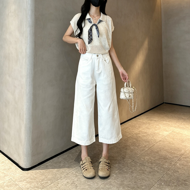 White Cropped Jeans for Women, Summer High-Waisted Slim-Fit Petite Straight-Leg Pants, Loose White Casual Pants