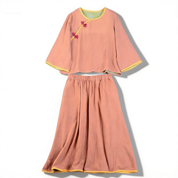 ຜ້າຝ້າຍ retro ໃຫມ່ແບບຈີນຊຸດສໍາລັບແມ່ຍິງ l86103 ວັນນະຄະດີຮູບແບບແຜ່ນດິດປຸ່ມສາມໄຕມາດ sleeve ເທິງແອວສູງຍາວ skirt ສອງສິ້ນຊຸດ