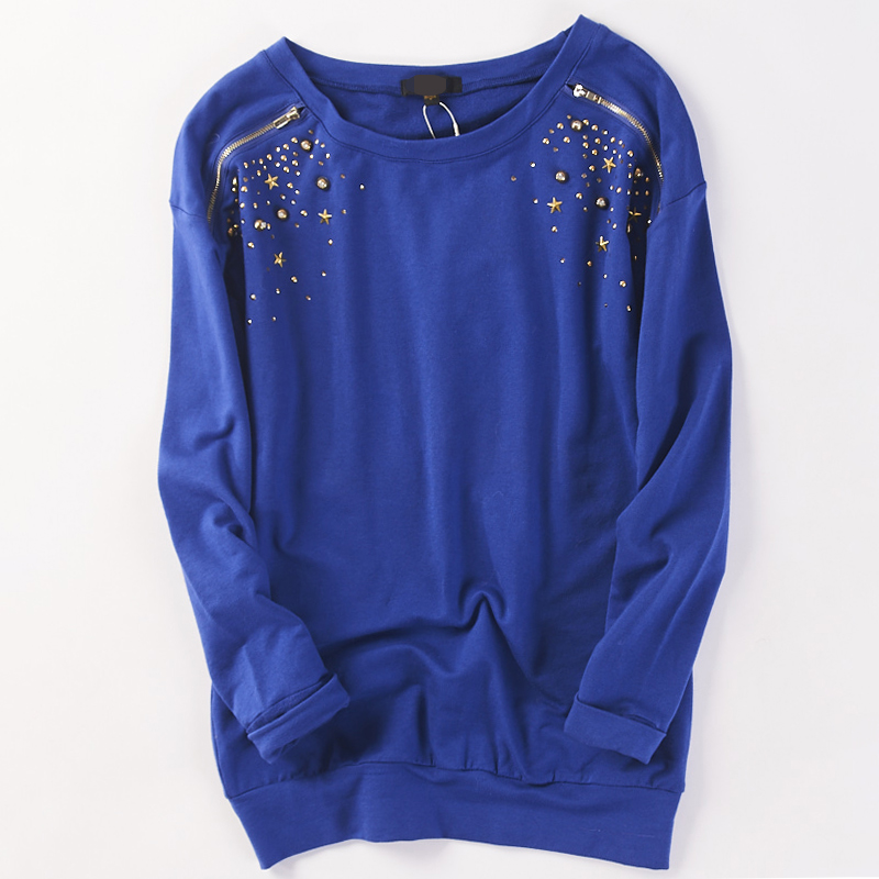 64942 spring and autumn new women's Korean style round neck pullover fashion casual beaded zipper pure cotton long-sleeved sweater 430