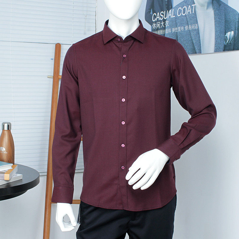 Withdraw 2580 Boss Wei Men's Wool Long sleeve shirt Business Formal elastic Dark Red Shirt 50680