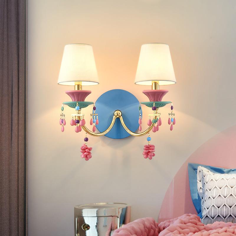 French-Style Cream Macaron Colored Wrought Iron Wall Lamp for Girls' Princess Room ins Nordic Creative Crystal Wall Lamp