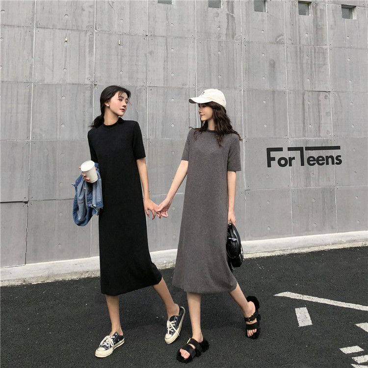 VK旗艦店 韓系時髦圓領寬鬆長裙短袖洋裝