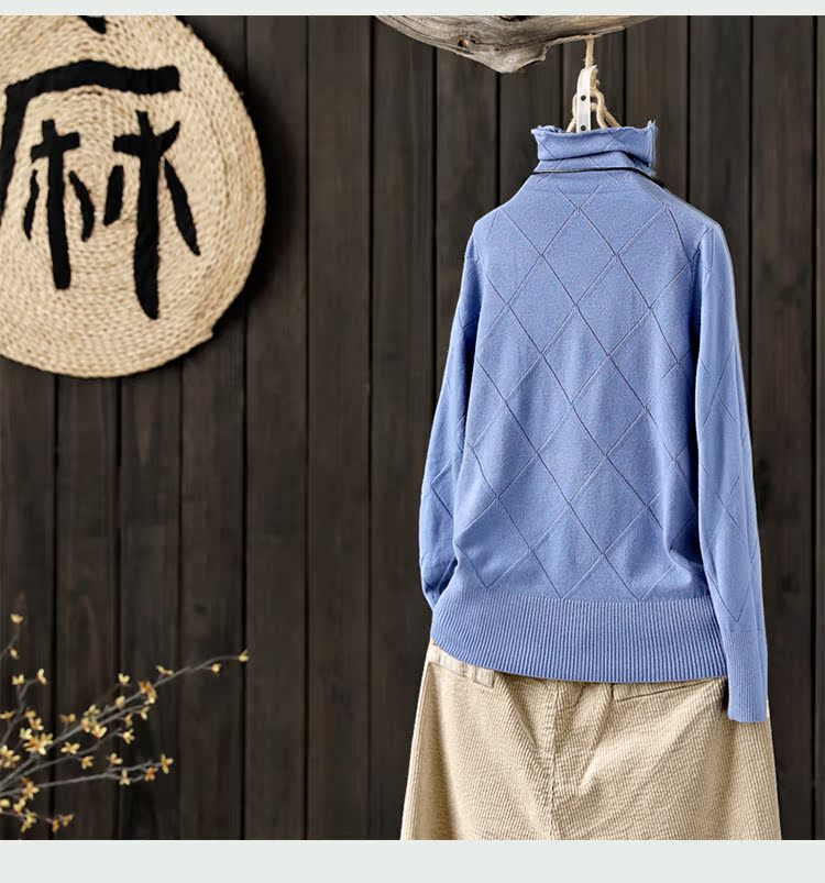 Indigo gốc cọc cổ áo len đáy áo len của phụ nữ mùa thu và mùa đông mới lỏng lẻo cao cổ áo sơ mi chạm đáy áo len cardigan nữ