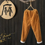 Indigo nghệ thuật quạt retro đàn hồi eo rắn màu lỏng vải nhung kẻ sọc độn quần harem quần quần mùa đông