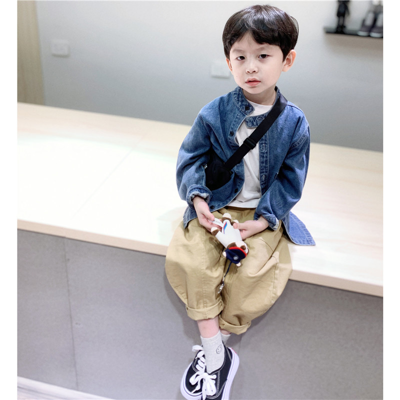 Tong Tong Ma custom made of male and female Han version loose collar mid-length version denim shirt baby pure cotton soft cardiovert autumn clothing
