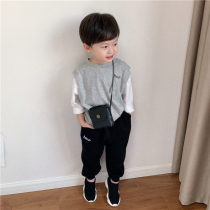 Tong Tong Mom Boy girl Korean version loose fake two cotton T-shirts Childrens tops Baby soft base coat Autumn