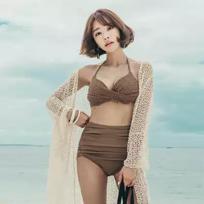 New Korean sexy bikini small chest gathered steel tray thickened high waist belly cover two-piece swimsuit three-piece hot spring