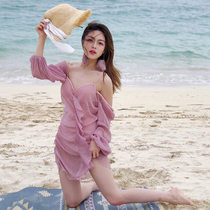 19 New Fairy pink bikini long-sleeved sunscreen steel support gathered thick conservative slim one-piece swimsuit hot spring