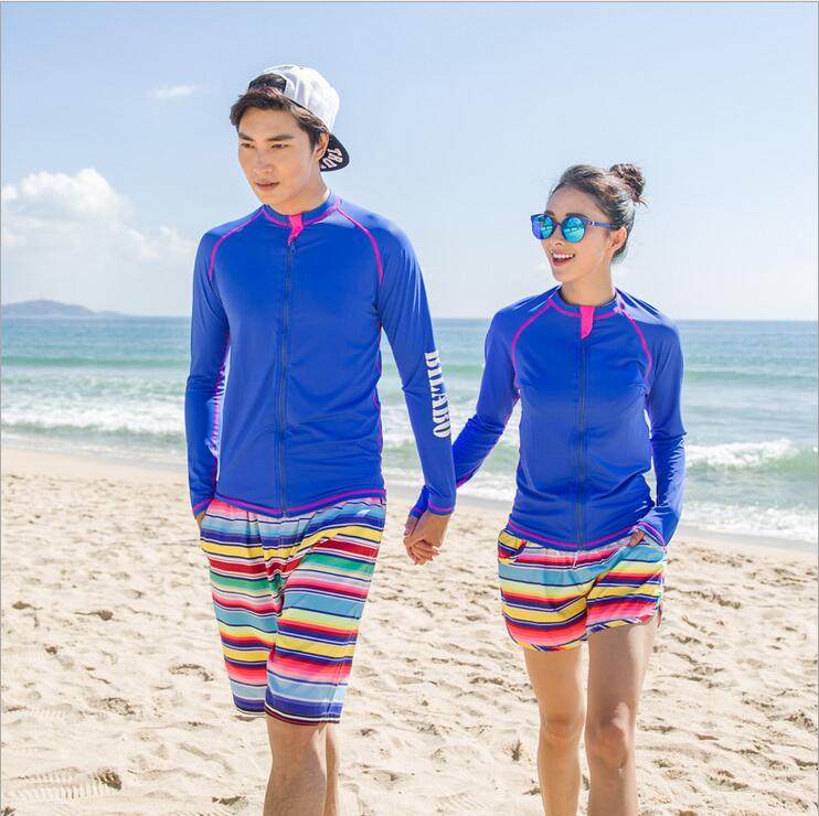 New couple long-sleeved blue surf suit sun protection tight sports fitness conservative cover belly quick-drying snorkeling swimsuit