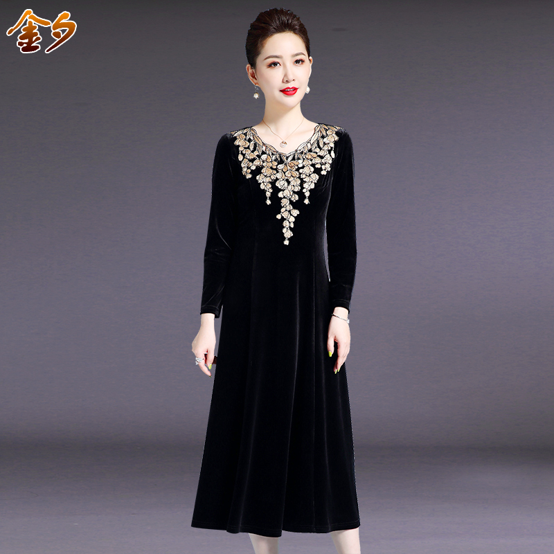 Wedding Mother's Dress, Mid-Length, Plus Size, Middle-Aged Women's Clothing, Gold Velvet Long Dress, Spring and Autumn Long-Sleeved Formal Dress