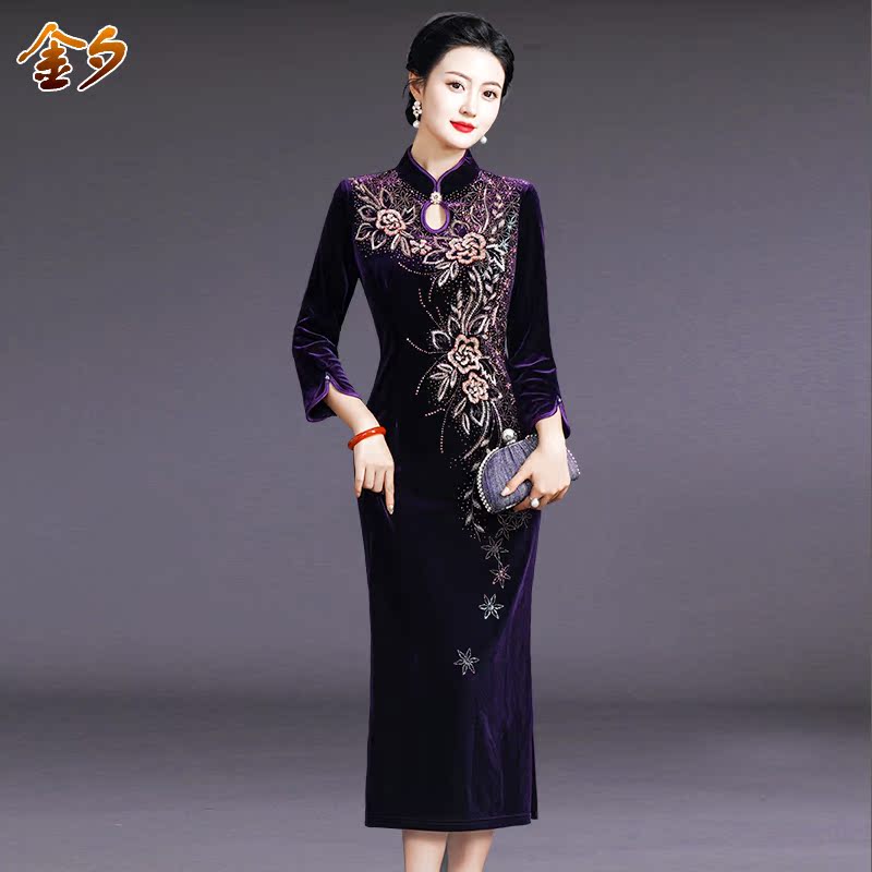 Mother's Dress for Wedding Banquet, Mid-Length Cheongsam, Slimming, Plus Size, Middle-Aged and Elderly Women's Clothing, Gold Velvet Spring and Autumn Dress
