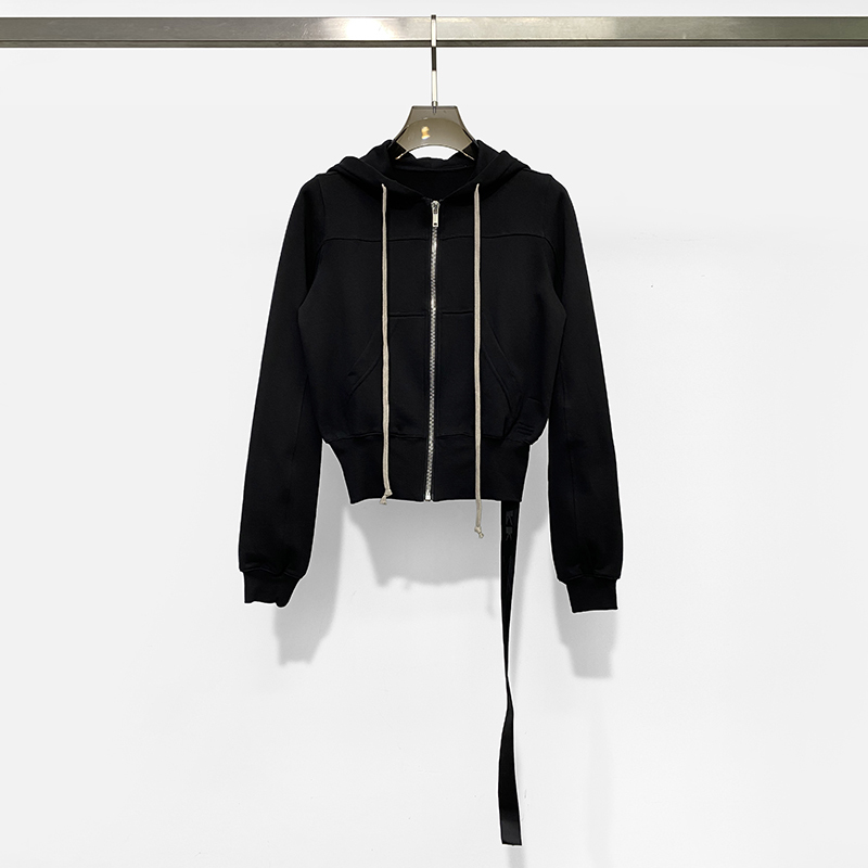 Ro2024 Autumn/Winter New Women's Basic Color-Block Solid Black Double-Line Ribbon Decorated Hooded Slim-Fit Short Sweatshirt Hoodie