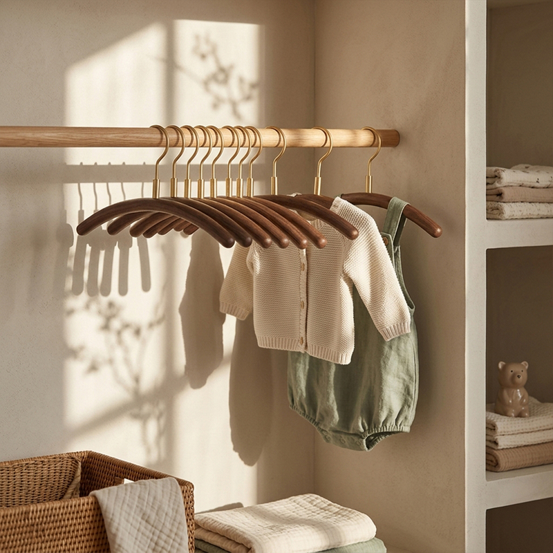 Solid Wood Children's and Baby Clothes Hangers Made of Blocky Forest Walnut Wood for Home Use, Non-Slip, No Marks, Prevents Shoulder Bumps Solid Wood Children's and Baby Clothes Hangers Made of Blocky Forest Walnut Wood for Home Use, Non-Slip, No Marks, Prevents Shoulder Bumps