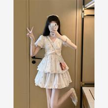 Ins original floral dress 2023 new design sense niche white bubble sleeve dress summer super fairy