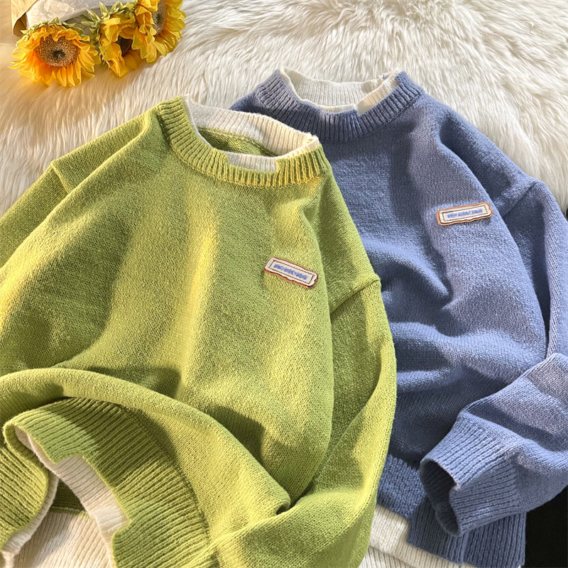 Демисезонный мужской комплект с круглым воротником, трикотажный свитер, универсальная трикотажная рубашка, увеличенная толщина                    