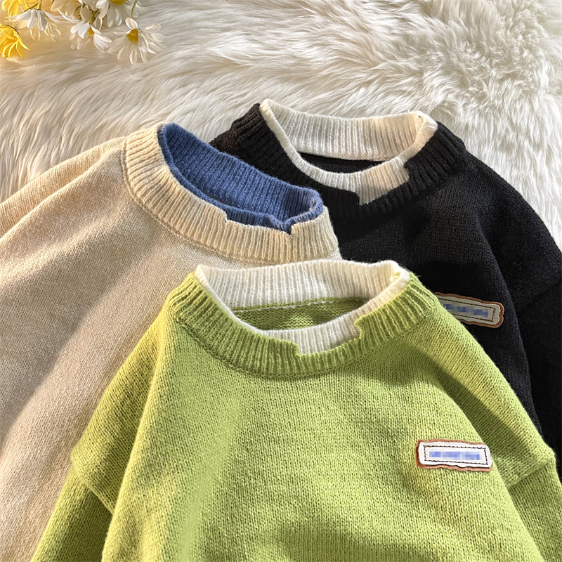 Демисезонный мужской комплект с круглым воротником, трикотажный свитер, универсальная трикотажная рубашка, увеличенная толщина                    