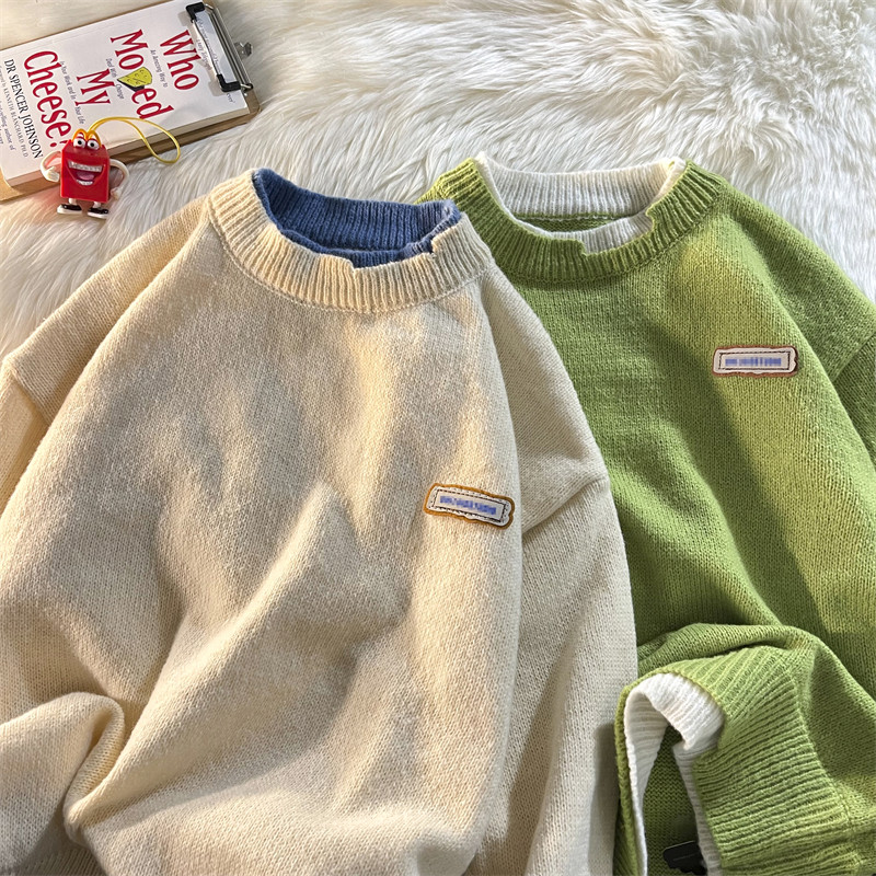 Демисезонный мужской комплект с круглым воротником, трикотажный свитер, универсальная трикотажная рубашка, увеличенная толщина                    