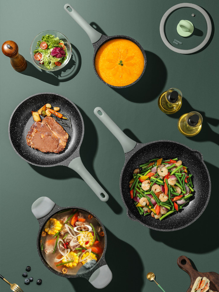 Cook big imperial wheat rice stone non-stick pot set Household flat wok smoke-free steak frying pan Induction cooker Gas universal