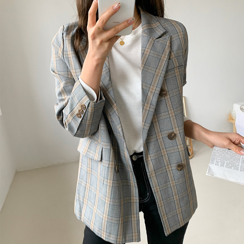 2021 Fall new Inn Wind Grey Grey Plaid Suit Jacket Woman Loose Casual Harbor Taste Thin Western Suit