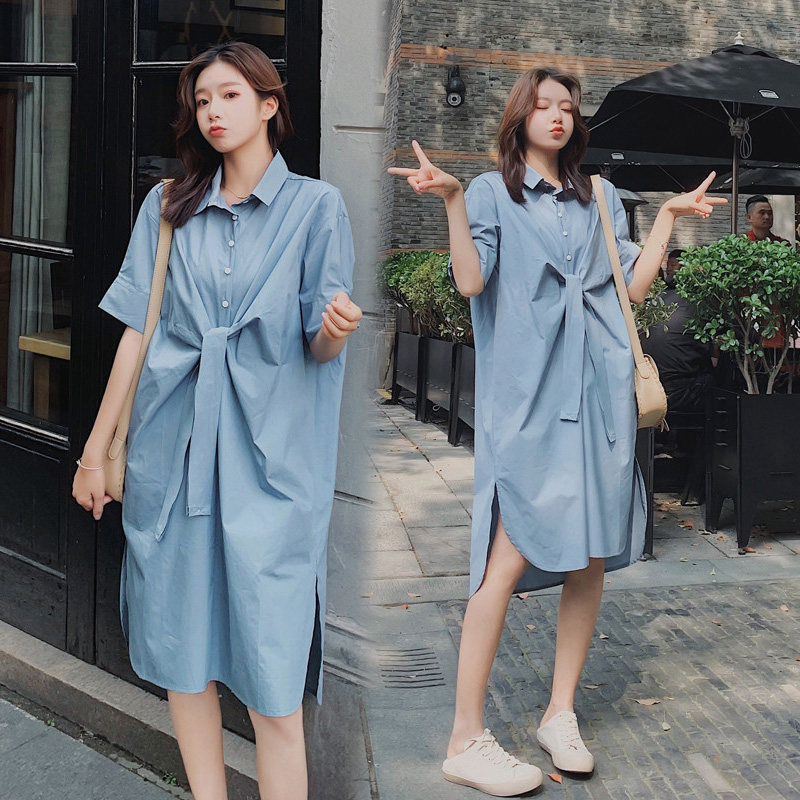 2021 Summer new large size women's dress Fat sister Shirt woman medium long version loose with knee short sleeve shirt Ocean dress