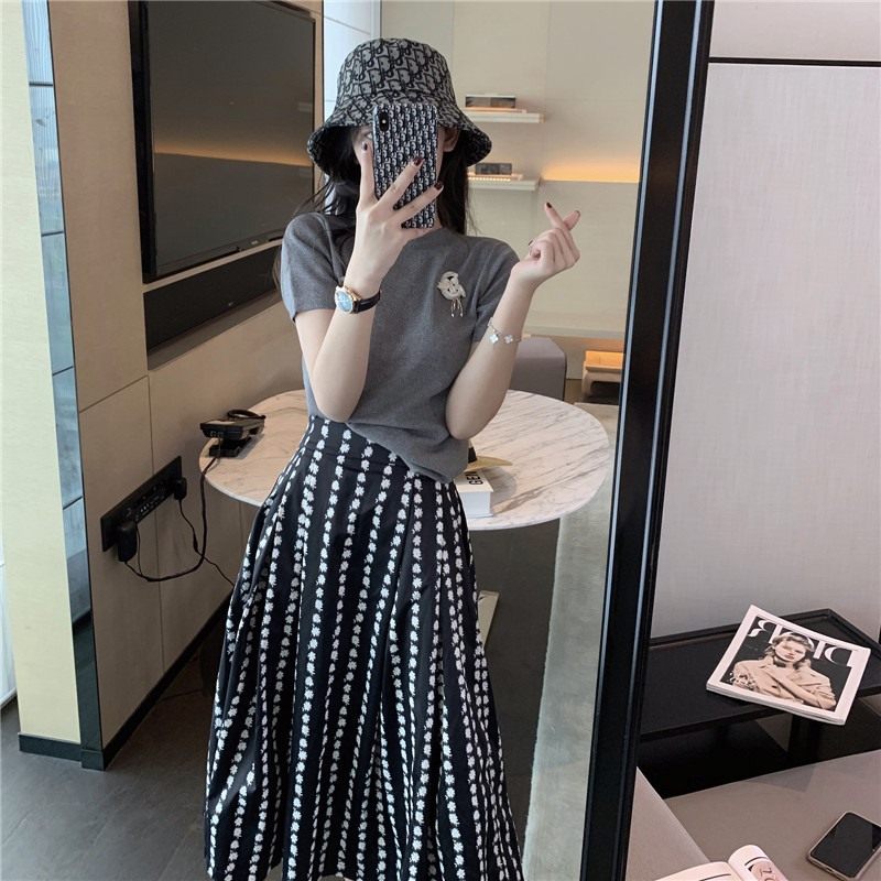 South Korea 2021 Summer Grand size Dress Fashion small Fragrant Wind Half Body Dress Suit Woman THIN SALT CAN BE SWEET TWO-PIECE SET