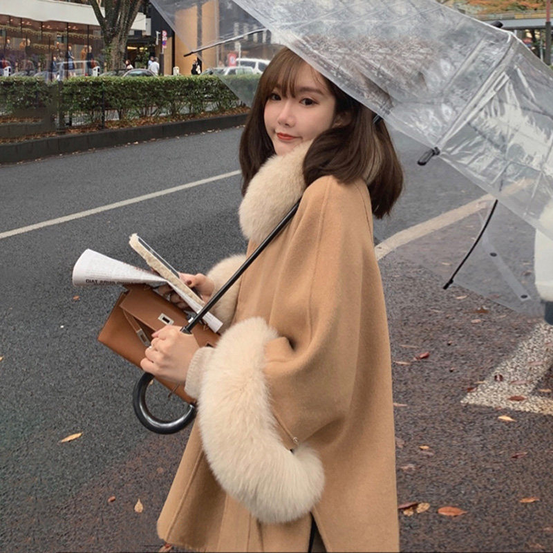 European station 2021 autumn and winter new double face wool Hooder Hood Jacket Woman Loose High-end Fox Fur Collar Coat