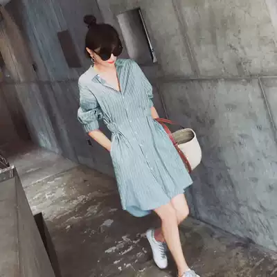 Hong Kong trendy brand shirt dress female waist mid-length version 2021 spring and summer new retro striped temperament short skirt