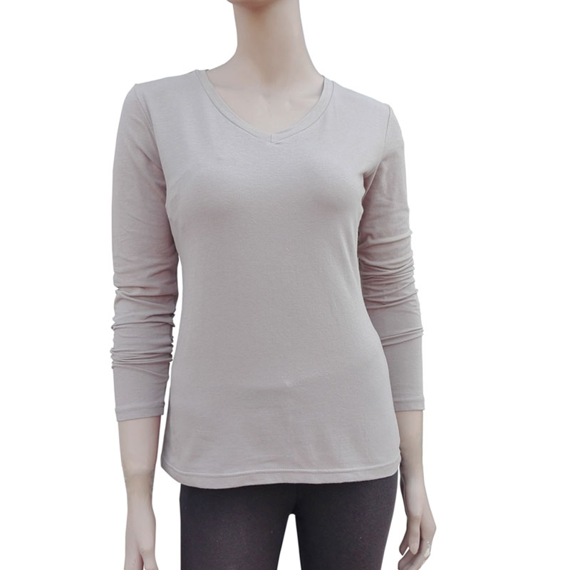 Pure cotton blouse female V-collar spring sleeve with knitting T-shirt skin color thin and fit one layer of autumn clothes