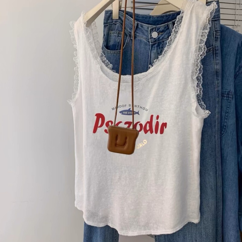 Guangzhou Thirteen Rows Hot-Selling Item~ White Letter Lace Camisole for Women, Summer Loose Casual Sleeveless Top