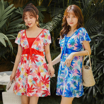 Swimsuit woman Big code Belly Button slim Fat mm Skirt Style Conjoined Printed Conservative Loose Holiday Bubble Spa Swimsuit Woman