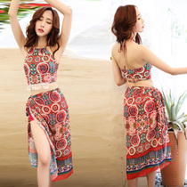 Split swimwear flat angle covering meat slim three-piece set small chest gathering beach skirt swimsuit womens 0886227
