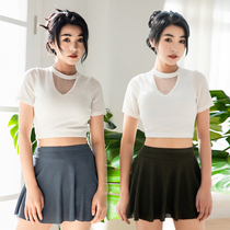 Polyester swimsuit female conservative skirt split flat angle two-piece set covering belly thin beach holiday small chest gathering swimsuit