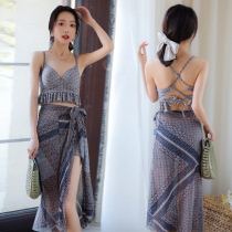 Swimsuit female steel support conservative skirt split flat angle three-piece set covering belly thin chest gathering beach resort swimsuit