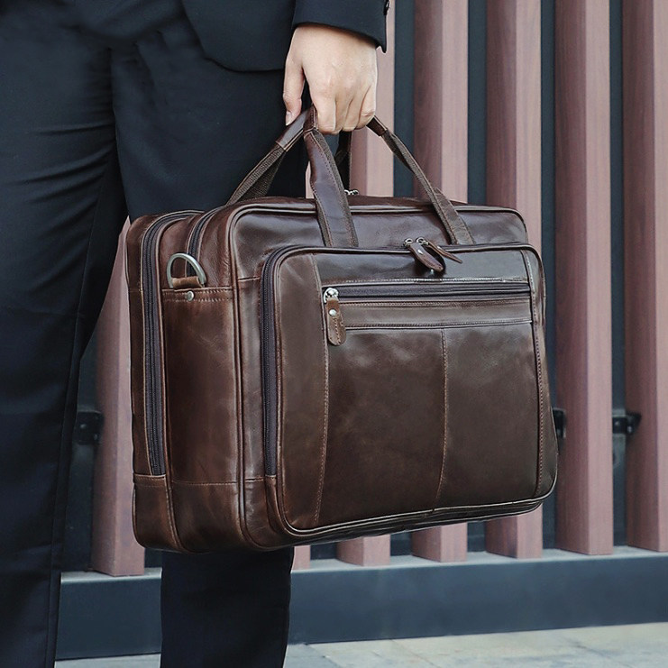 Handmade leather men's handbag with trolley case business bag XL soft leather briefcase 16 inch computer bag