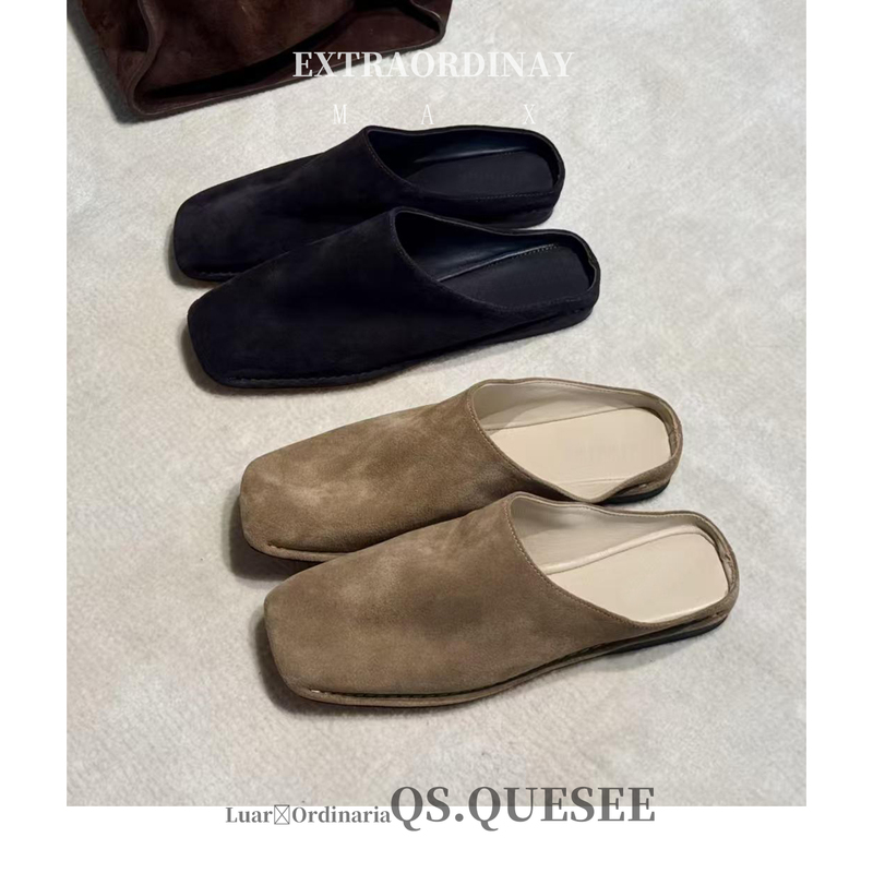 Sheepskin! Women's Half-Slippers for Outdoor Wear in Summer, Square-Toe Nubuck Leather, Relaxed Closed-Toe Slippers, Casual Flat Mules