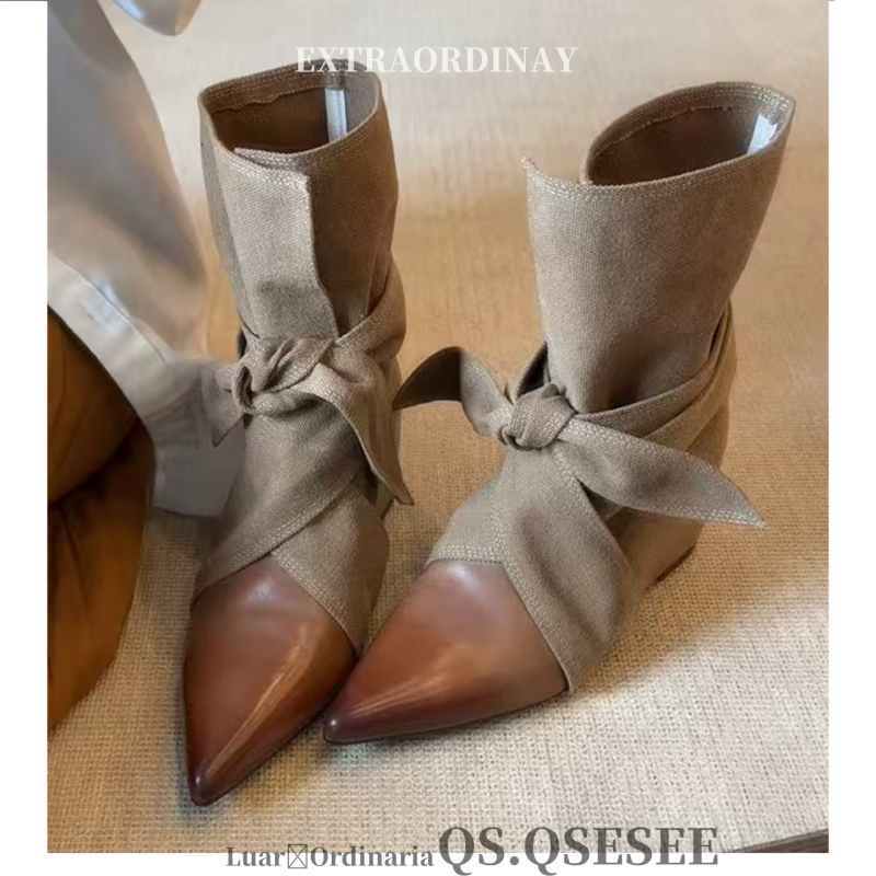 Sheepskin! 5cm Internal Height-Increasing Brown Boots for Women, Autumn Retro Lace-Up High-Heeled Short Boots, New Wedge Heel Riding Boots