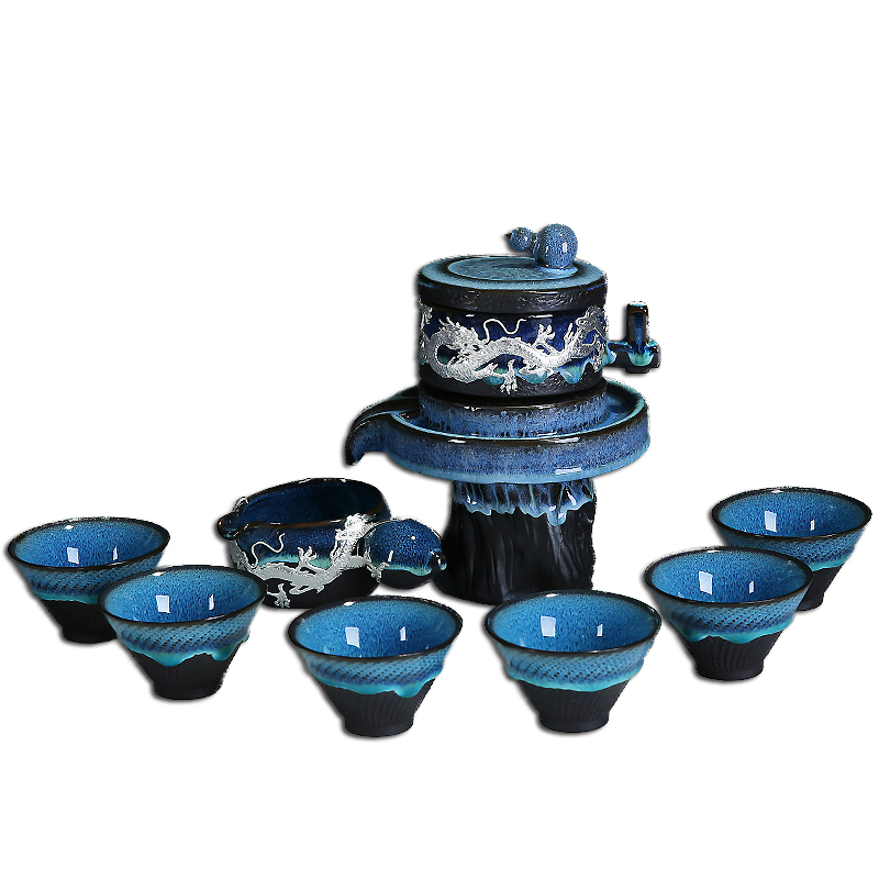 Build light tea set home lazy semi - automatic creative stone mill kung fu tea ware ceramic teapot teacup obsidian