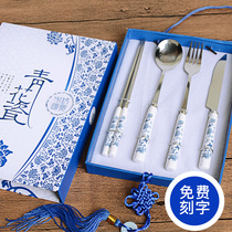 Blue and white porcelain tableware knife fork and spoon chopsticks set Chinese style characteristics abroad business small gifts to send foreigners souvenirs