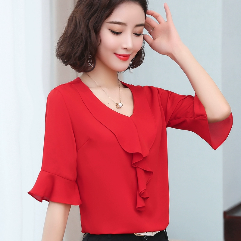 Áo sơ mi voan nữ tay ngắn 2020 Hoa sen cổ tích khí chất cổ chữ V tay áo nửa tay áo che bụng - Áo sơ mi chiffon ren