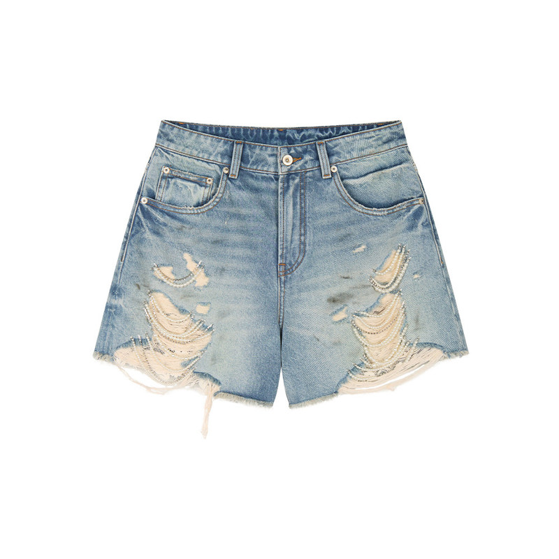 Mommy~2026 New Summer Style Pearl Chain Ripped Denim Shorts