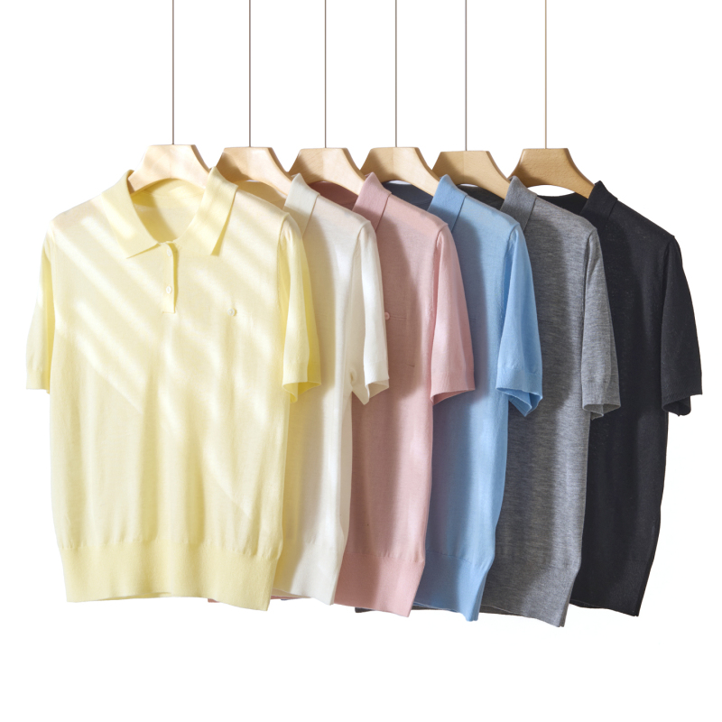 Summer New Style Commuter Style Fine Wool Knitted Classic Polo Shirt Short-Sleeved T-Shirt Women's Summer Lapel Thin Top