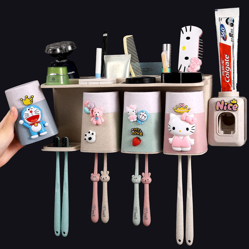 Cartoon cute dressing room wall hanging suction toothbrush rack toilet non-perforated children's mouthwash cup set