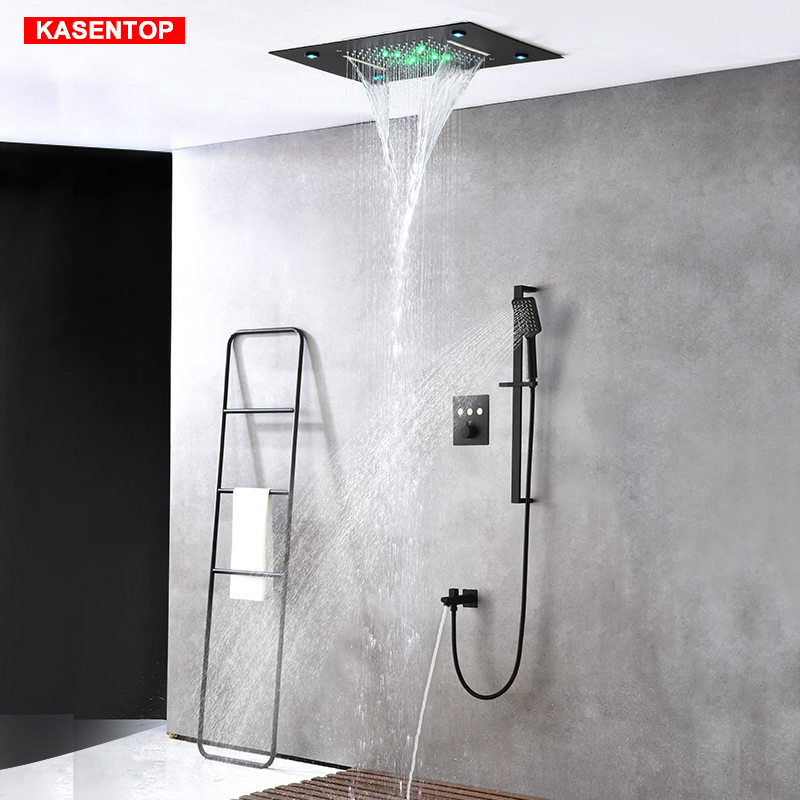 Kaishen embedded wall suspended ceiling thermostatic black concealed shower multi-function button touch with LED light